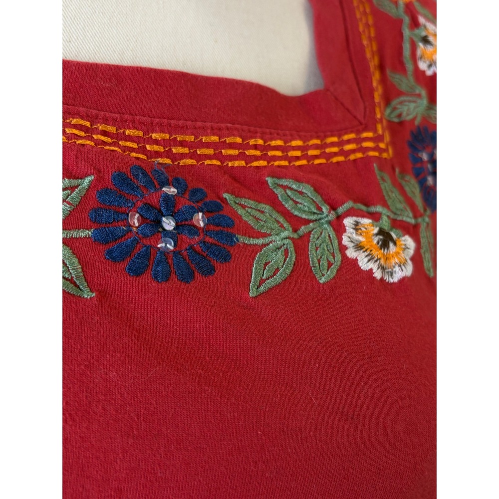 Vermont‎ Country Store Red Floral Embroidered Cotton Square Neck Top M Boho - Picture 4 of 8